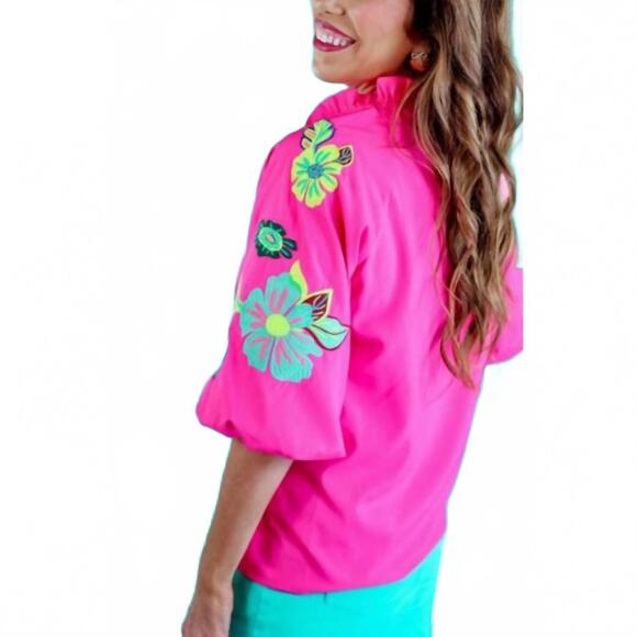 NEW JESS LEA embroidered puff sleeve top in hot pink - Picture 3 of 4